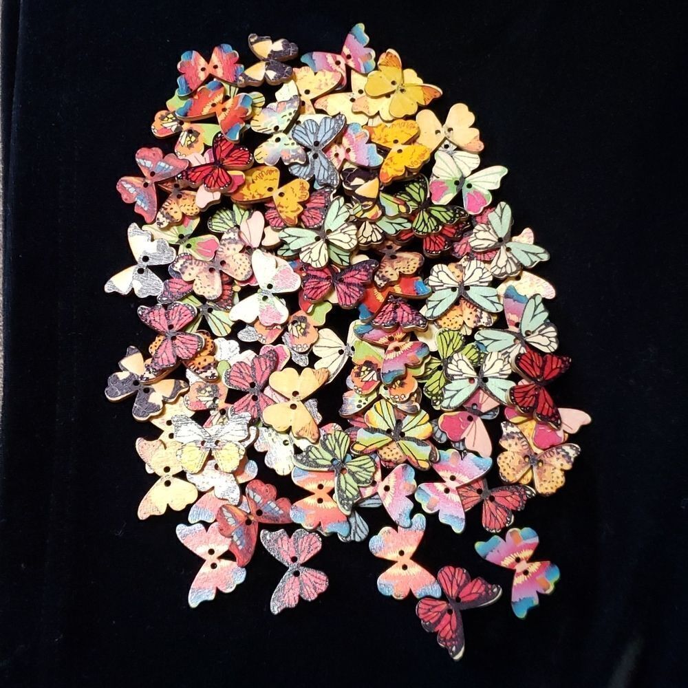 Assortment of 100 Colorful Hand Painted Wooden Butterfly Buttons